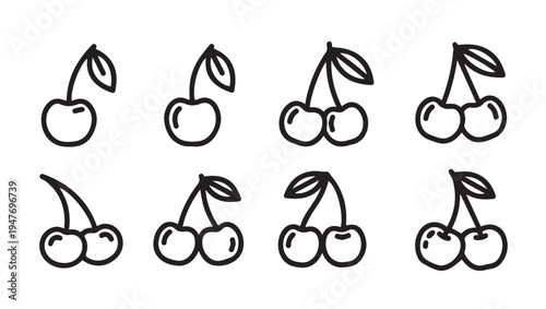 Cherry Icons Set Simple Line Drawings of Cherries with Stems and Leaves Isolated Stock Graphics
