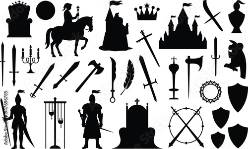 Medieval Knights Castle and Royal Symbol Silhouettes with Swords Axes and Shields Keywords: knight silhouette horse rider silhouette castle silhouette crown silhouette sword silhouette axe