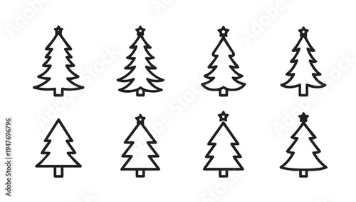 Christmas Tree Icons Set Simple Outline Vector Graphics Winter Holiday Symbols