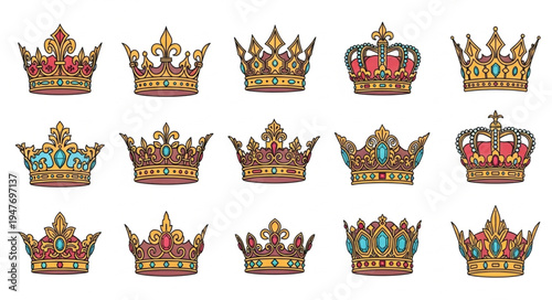 Collection of ornate royal crowns with jewels and gold details.