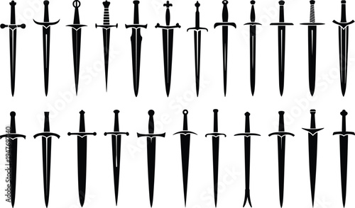 Two Rows of Black Silhouettes of Medieval Swords and Blades on a White Background Keywords: sword, medieval, blade, weapon, knight, warrior, battle, combat, steel, metal, sharp, edge, hilt
