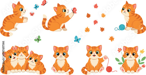 Cute orange kitten cartoon vector illustration set with butterflies autumn leaves yarn ball and playful sitting cats