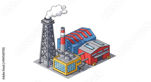 Industrial factory with smoking chimney and complex machinery.