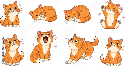 Cute orange tabby cat cartoon vector illustration set with sitting sleeping stretching playing and yawning kitten poses