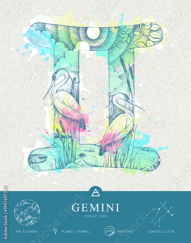 Modern magic witchcraft card with astrology Gemini zodiac sign characteristic. Hand drawing art product. Vector illustration