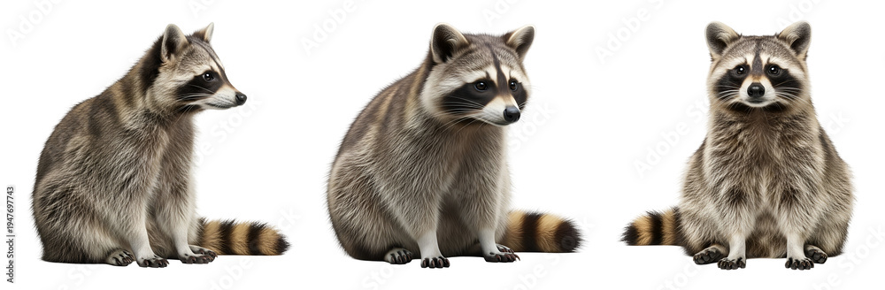 Obraz premium Three raccoons sitting on transparent background looking around curiously