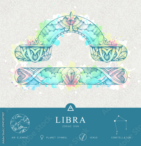 Modern magic witchcraft card with astrology Libra zodiac sign characteristic. Hand drawing art product. Vector illustration