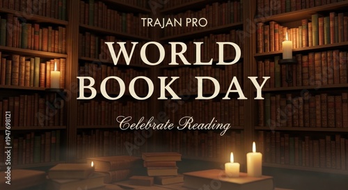 World Book Day celebration with candles and books in library setting celebrate reading bookshelves