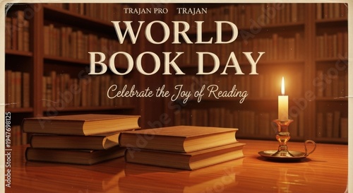 World Book Day celebration with stacked books and lit candle in library reading