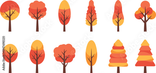 A clean flat vector illustration featuring a collection of autumn trees displayed on a solid white background. 