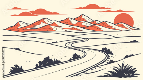 Minimal Desert Valley with Winding Road Vector Illustration