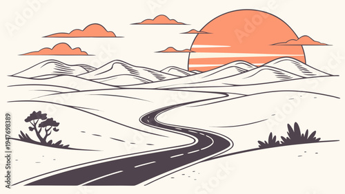 Minimal Desert Valley with Winding Road Vector Illustration