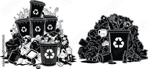 Recycling bins and overflowing garbage piles silhouette set, waste management concept with plastic bottles and trash isolated on white background.