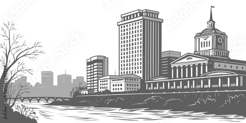 USA, US, U.S, United States - Richmond skyline riverfront monochrome architecture poster
