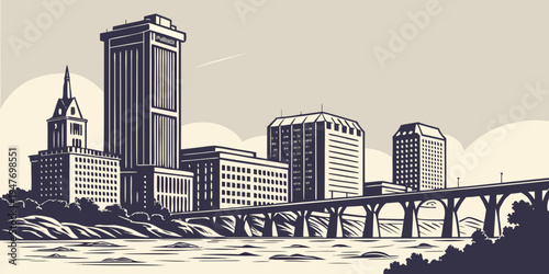 USA, US, U.S, United States - Richmond skyline riverfront monochrome architecture poster