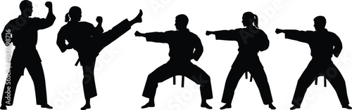 Karate martial arts silhouettes collection with fighters performing punches and kicks, combat training action poses vector illustration set