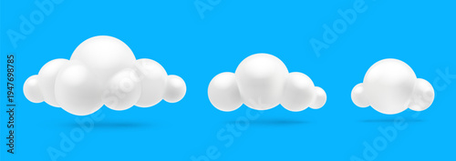 Set of 3d mesh white clouds of different shapes, realistic fluffy cloud icons for meteorology and weather forecast. Vector realistic design for application on blue sky