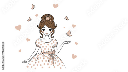 Elegant young princess in a polka dot dress and crown stands gracefully as butterflies and hearts float around her.