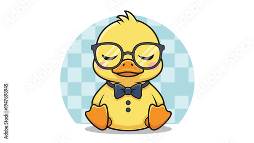 Dapper little yellow duckling wearing black glasses and a blue bowtie sits calmly in a peaceful meditation pose.