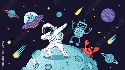 Cool astronaut dabbing on the moon in a vibrant pixel art space scene with aliens, robots, and various celestial bodies.