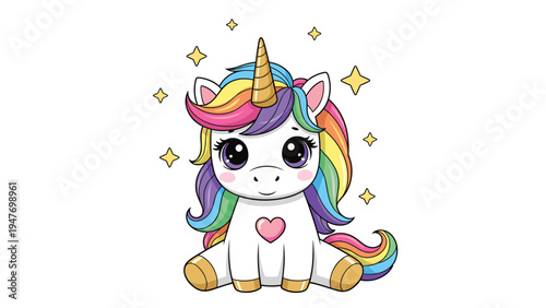 Cute white unicorn with rainbow colored hair and a pink heart symbol surrounded by twinkling yellow stars and sparkles.