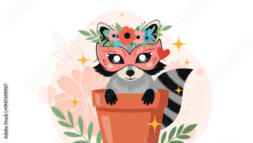 Cute raccoon wearing a pink flower mask and floral crown peeks from a terracotta pot in a garden setting.