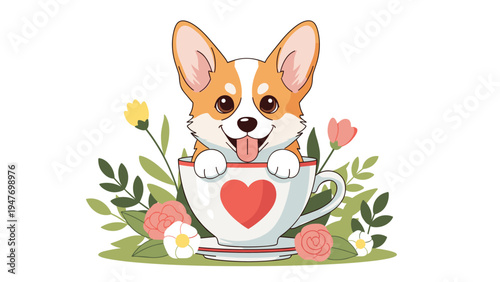 Happy corgi puppy with its tongue out sits inside a white teacup decorated with a red heart and surrounded by flowers.