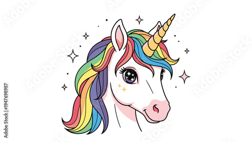 Beautiful profile of a unicorn with a flowing rainbow mane and sparkling stars against a clean white background.