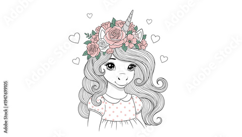 Beautiful girl with a unicorn horn and flower crown in a polka dot dress surrounded by floating hearts and stars.