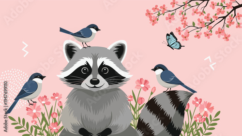 Friendly raccoon in a blooming garden under pink cherry blossoms with birds and butterflies fluttering around it.