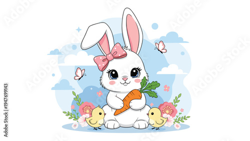 Cute white bunny holding a large orange carrot with two yellow chicks and pink flowers in a peaceful garden setting.