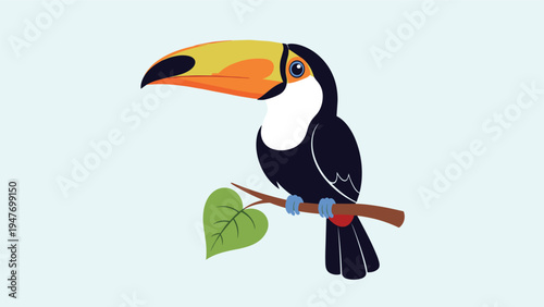 Colorful exotic toucan bird with a large yellow and orange beak perched on a tree branch with a single green leaf.