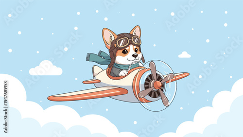 Cute Corgi dog dressed as a pilot flying a vintage propeller airplane through soft clouds in a bright winter sky.