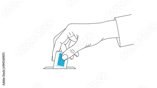 Close up of a person hand putting a white ballot paper with a blue square into a voting box during a democratic election process.