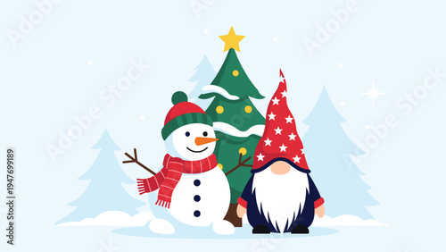 Festive winter scene with a cheerful snowman and a garden gnome next to a snowy decorated Christmas tree outside.