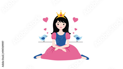 Beautiful princess with black hair wearing a gold crown and pink gown sitting with blue birds and red hearts.