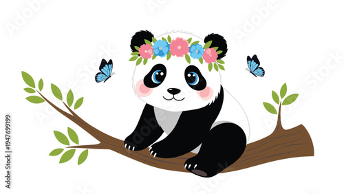 Adorable panda bear wearing a vibrant flower crown sitting on a tree branch with blue butterflies in the woods.