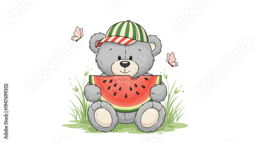 Cute grey teddy bear wearing a striped cap sitting in the grass and eating a slice of fresh watermelon on white background children treat art.