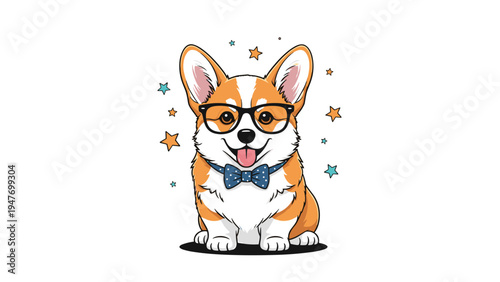 Happy corgi dog character wearing black glasses and a blue polka dot bow tie surrounded by colorful stars on a white background children decor.