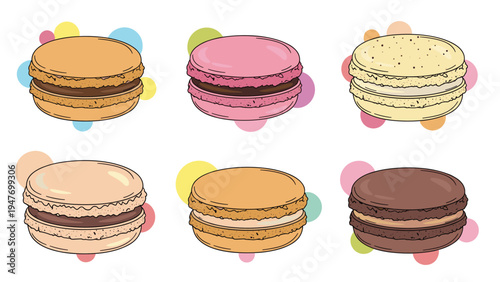 Selection of colorful French macarons in different flavors like chocolate, strawberry, and vanilla on a white background dessert illustration.