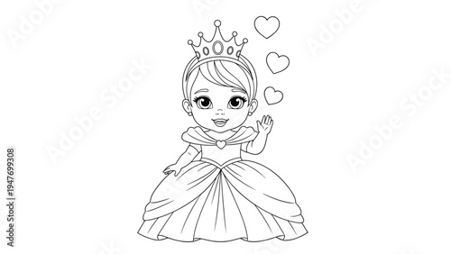 Little baby girl dressed as a princess wearing a crown and gown for coloring in a simple black and white line art illustration children activity.