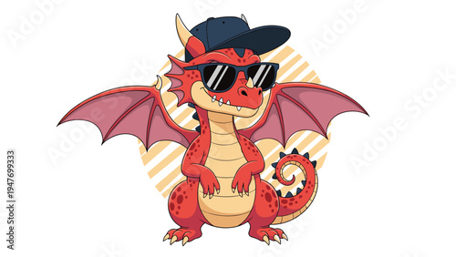 Cool red dragon character wearing a blue cap and black sunglasses standing in front of a striped sun in a fun cartoon illustration for posters.