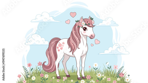 Beautiful white horse with a long pink mane wearing a flower crown standing in a meadow of colorful wildflowers and green grass nursery wall art.