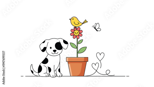Cute black and white spotted puppy sitting next to a potted flower with a small yellow bird on top in a simple cartoon illustration for kids room.