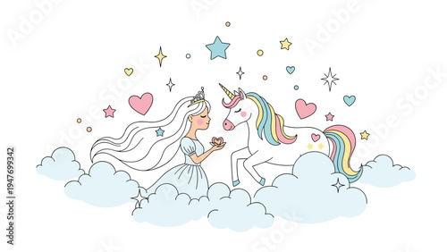 Enchanting princess girl and her magical unicorn companion sitting on clouds in a starry night sky with floating hearts and stars nursery art.