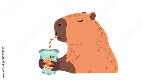 Chill capybara character drinking fresh orange juice through a striped straw on a white background in a fun and quirky illustration for posters.