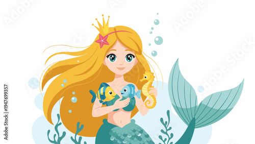 Beautiful mermaid with long blonde hair and a crown holding a fish and seahorse underwater surrounded by blue bubbles.