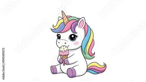 Cute white unicorn with rainbow mane and tail sitting down while enjoying a delicious pink ice cream cone with sparkles.