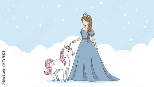 Beautiful princess in elegant blue gown standing with white magical unicorn on a background of fluffy clouds and stars.