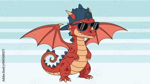 Cool red dragon character wearing trendy sunglasses and a blue baseball cap standing against a striped blue background.